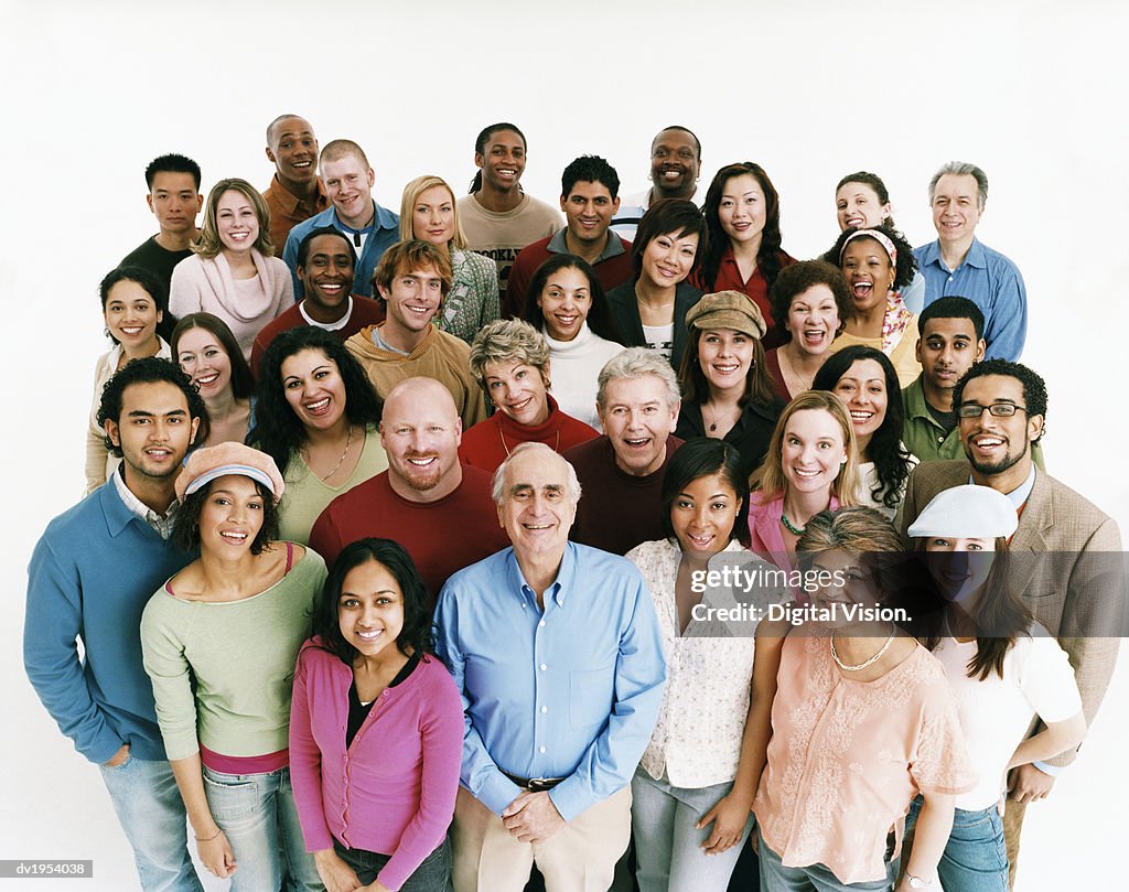 Elevated Studio Shot of a Large Mixed Age, Multiethnic Crowd of Men and Women