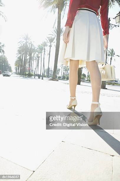 rear view of a well-dressed woman walking down an avenue - down blouse ストックフォトと画像