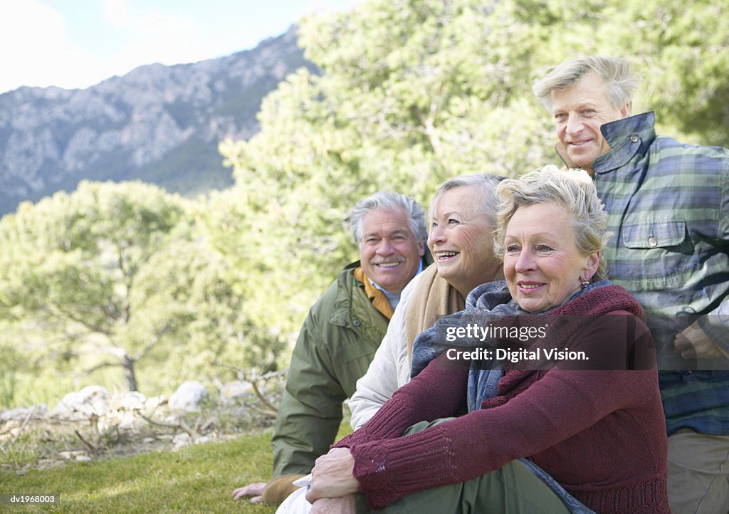 Four Senior Men and Women Sit in the Countryside, Looking at the View