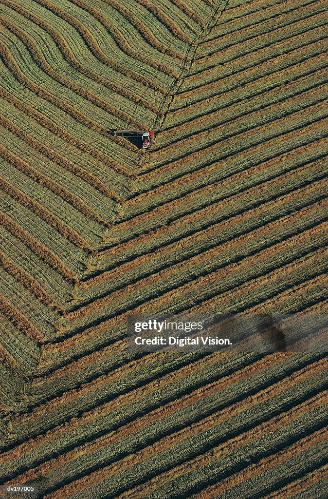 Aerial view of harvester in field