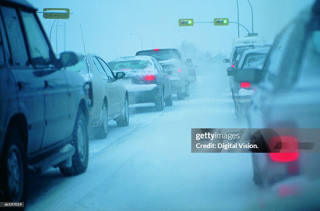 Traffic jam in snowy conditions