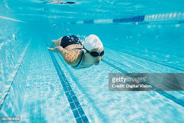 young woman swimming in a pool underwater - swimming stock-fotos und bilder
