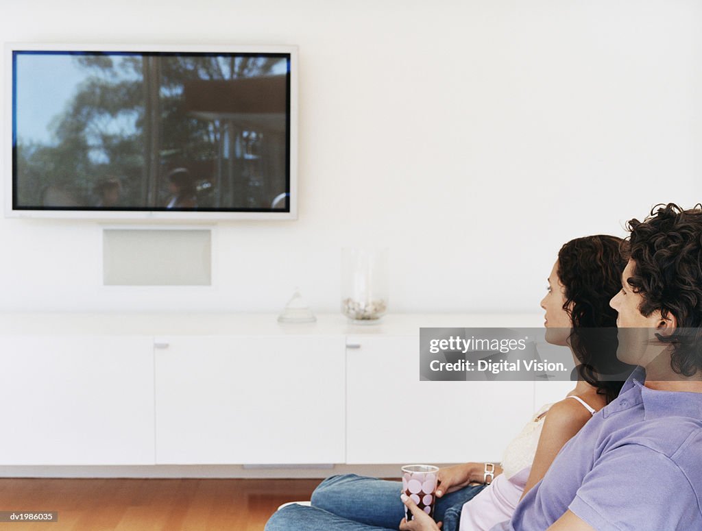 Couple Watching a Flat Screen TV in Their Home
