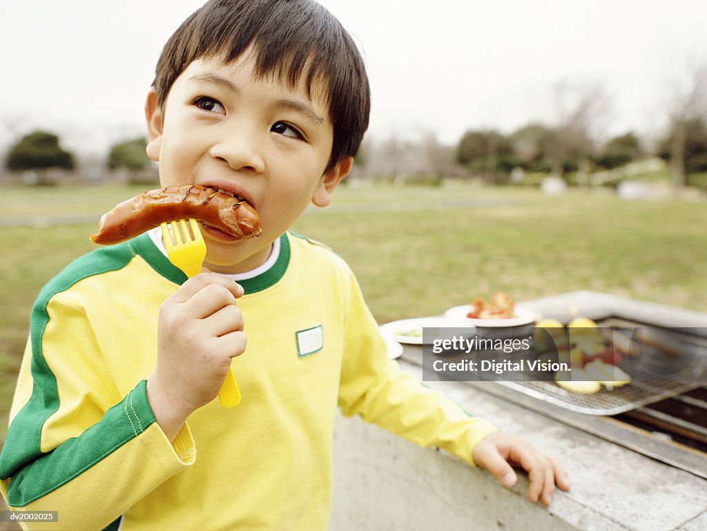 Young Boy Eating a Sausage