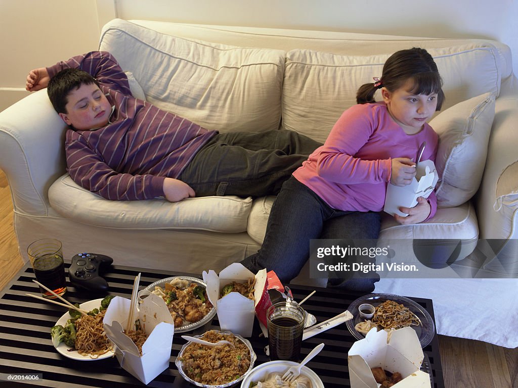 Overweight Brother and Sister on a Sofa Eating Takeaway Food and Watching the TV