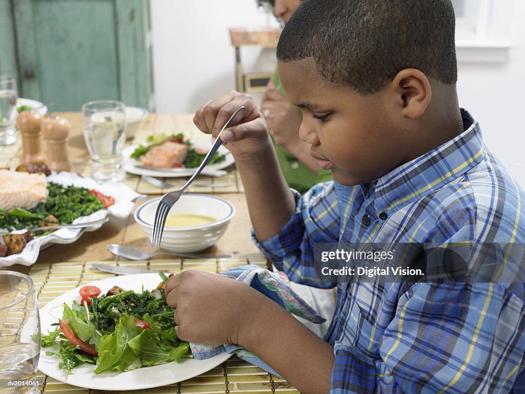 Young Boy Sits at a Table With a Plate of Salad, Holding a Fork