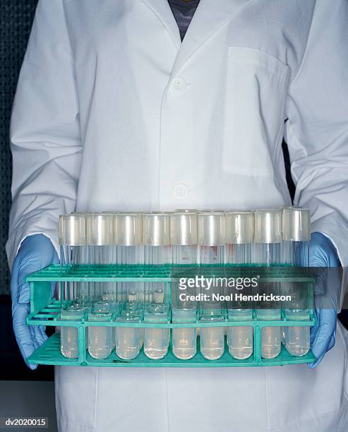 mid section shot of a scientist wearing a lab coat holding a rack filled with test tubes - lab coat stock-fotos und bilder