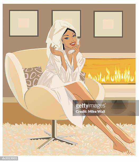 woman with a towel wrapped around her head sits in a chair talking to a cordless phone, illustration - mike 幅插畫檔、美工圖案、卡通及圖標