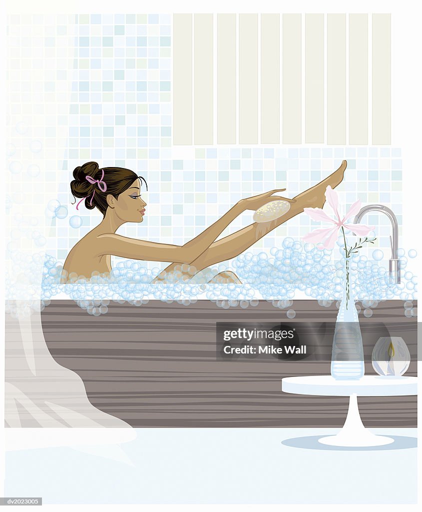 Woman Sits in a Bath Washing Her Leg With a Sponge