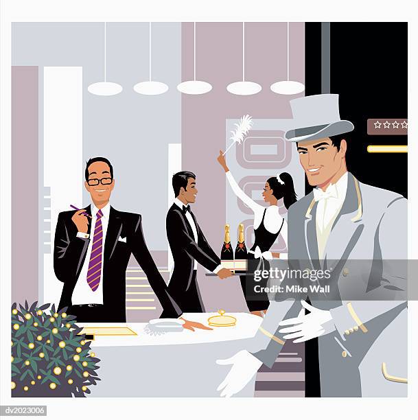 illustration of a doorman and hotel receptionist greeting, cleaner and waiter in background - mike 幅插畫檔、美工圖案、卡通及圖標