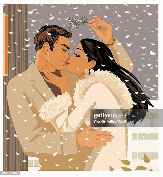 stockillustraties, clipart, cartoons en iconen met couple kissing underneath mistletoe outside in the snow - mistletoe kiss