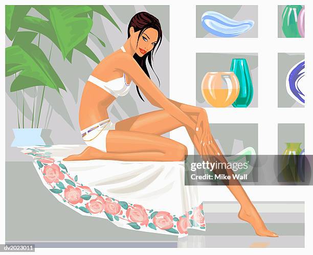 woman wearing a white bikini sitting in a spa - mike 幅插畫檔、美工圖案、卡通及圖標