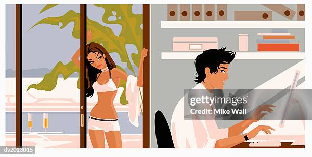 woman in a bikini looking at her boyfriend working - mike 幅插畫檔、美工圖案、卡通及圖標