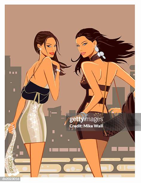 two women wearing miniskirts looking over their shoulder - mike 幅插畫檔、美工圖案、卡通及圖標