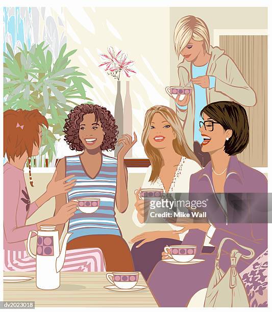 five women having a cup of tea and talking - mike 幅插畫檔、美工圖案、卡通及圖標
