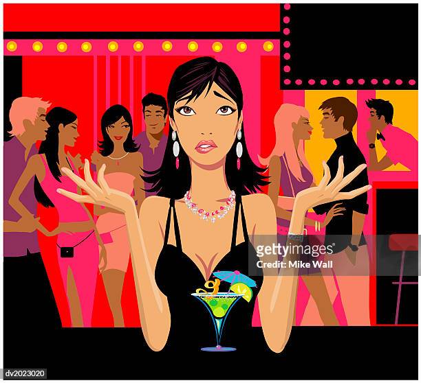 woman standing at a bar with looking up with her arms out, couples standing in the background - mike 幅插畫檔、美工圖案、卡通及圖標