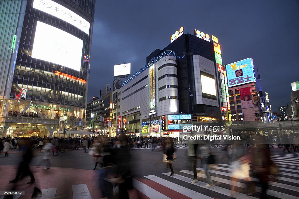 Buildings in a Busy City Street, Japan