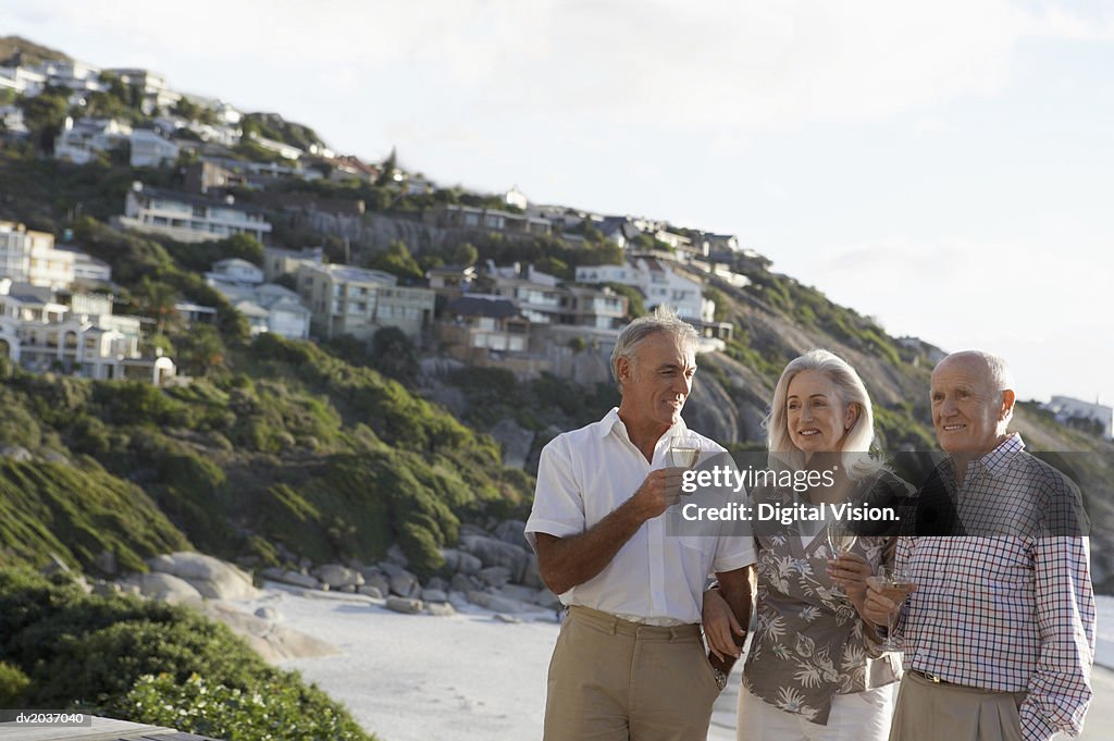 Three Senior Friends Enjoying White Wine on a Beach