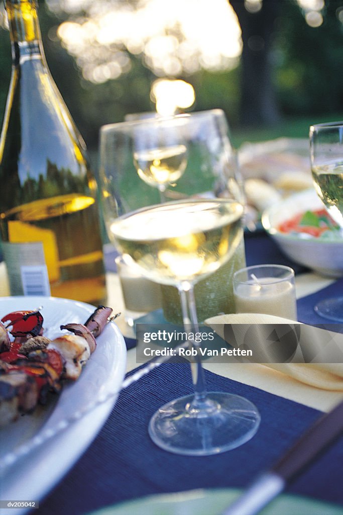 Food and wine on table