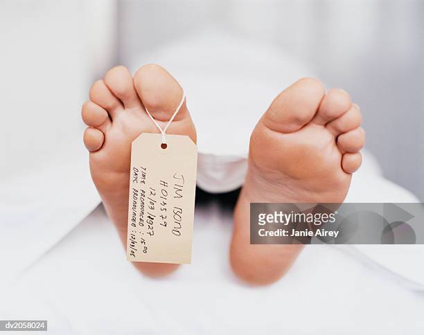 name tag hanging from the foot of a dead body under a sheet - tag ストックフォトと画像