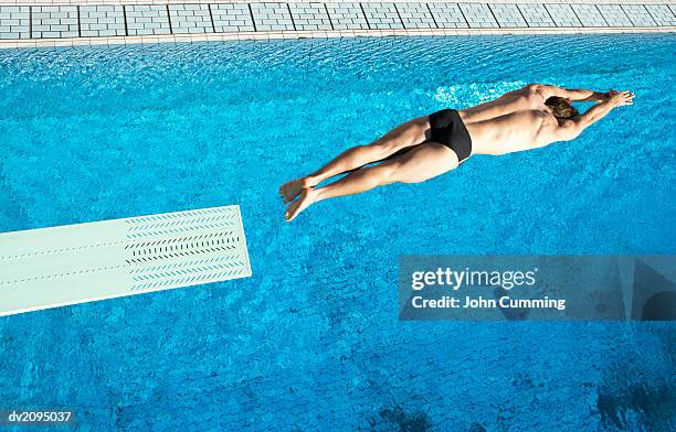 man diving into a swimming pool from a board - young men in speedos 個照片及圖片檔