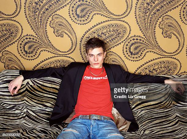 portrait of a young man with attitude sitting on a zebra print sofa - liz white stock pictures, royalty-free photos & images