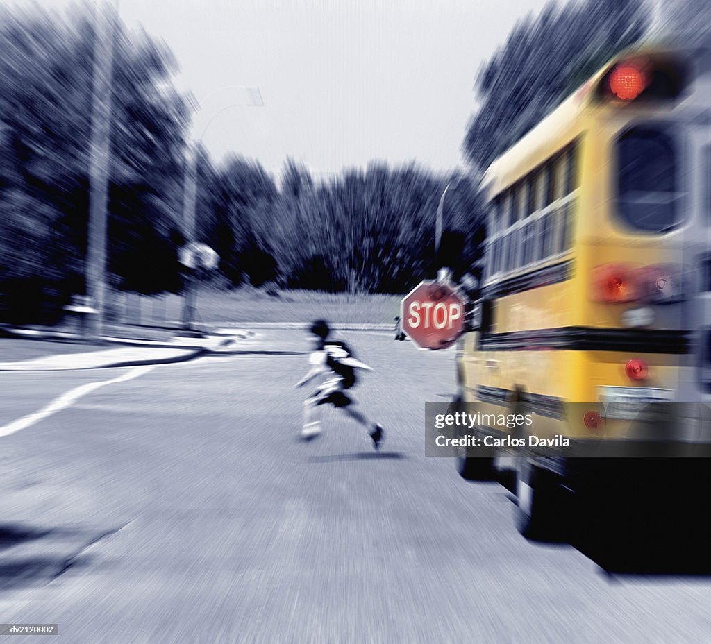 Blurred Motion Shot of a School Boy Running Out in Front of a School Bus