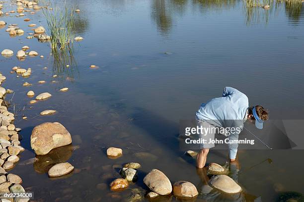 man searching for a golf ball in a lake - bent golf club stock pictures, royalty-free photos & images