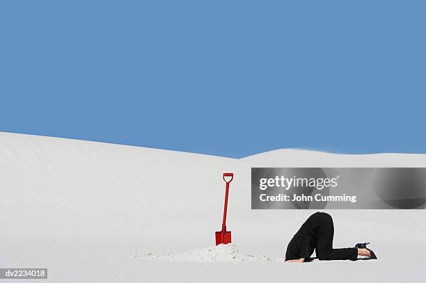 businesswoman next to a spade hiding her head in a hole in sand - den kopf in den sand stecken stock-fotos und bilder