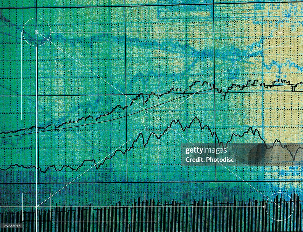 Abstract collage of financial charts, graph paper, and geometrical shapes on blue-green background