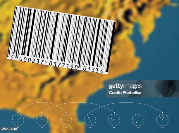 Large White Bar Code Floating Above Blurred Overhead View Of Land High ...