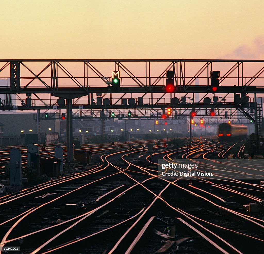 Rails and signals at dusk