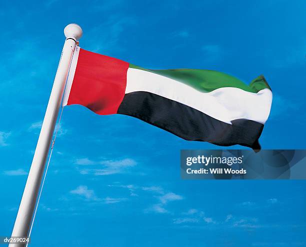 flag of united arab emirates on flagpole waving in the wind - middle east flag stock pictures, royalty-free photos & images