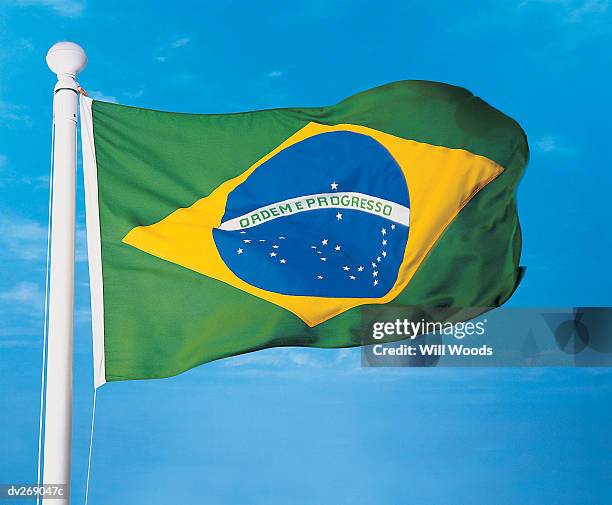 flag of brazil on flagpole waving in wind - south american flags stockfoto's en -beelden