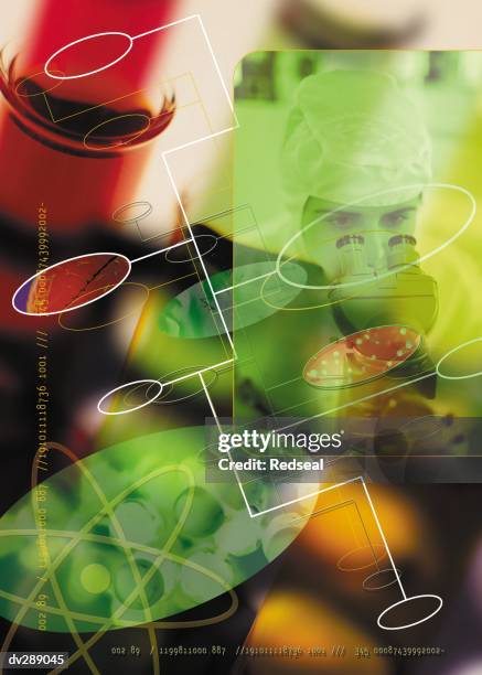 collage with scientist using microscope - looking through microscope stock illustrations