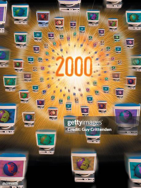 computers circling year 2000 - computer 2000 stock-fotos und bilder