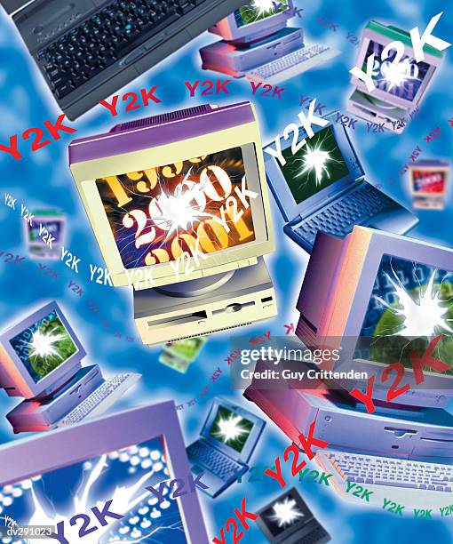 floating computers adversely affected by the y2k - 2000 technology stock pictures, royalty-free photos & images