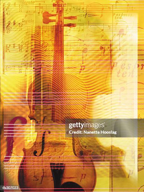 composite of violin in front of sheet music - strings section stock illustrations