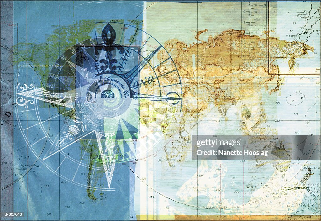 World map with superimposed compass