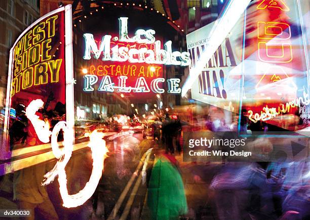 neon signs of theater shows - london theatre stock illustrations