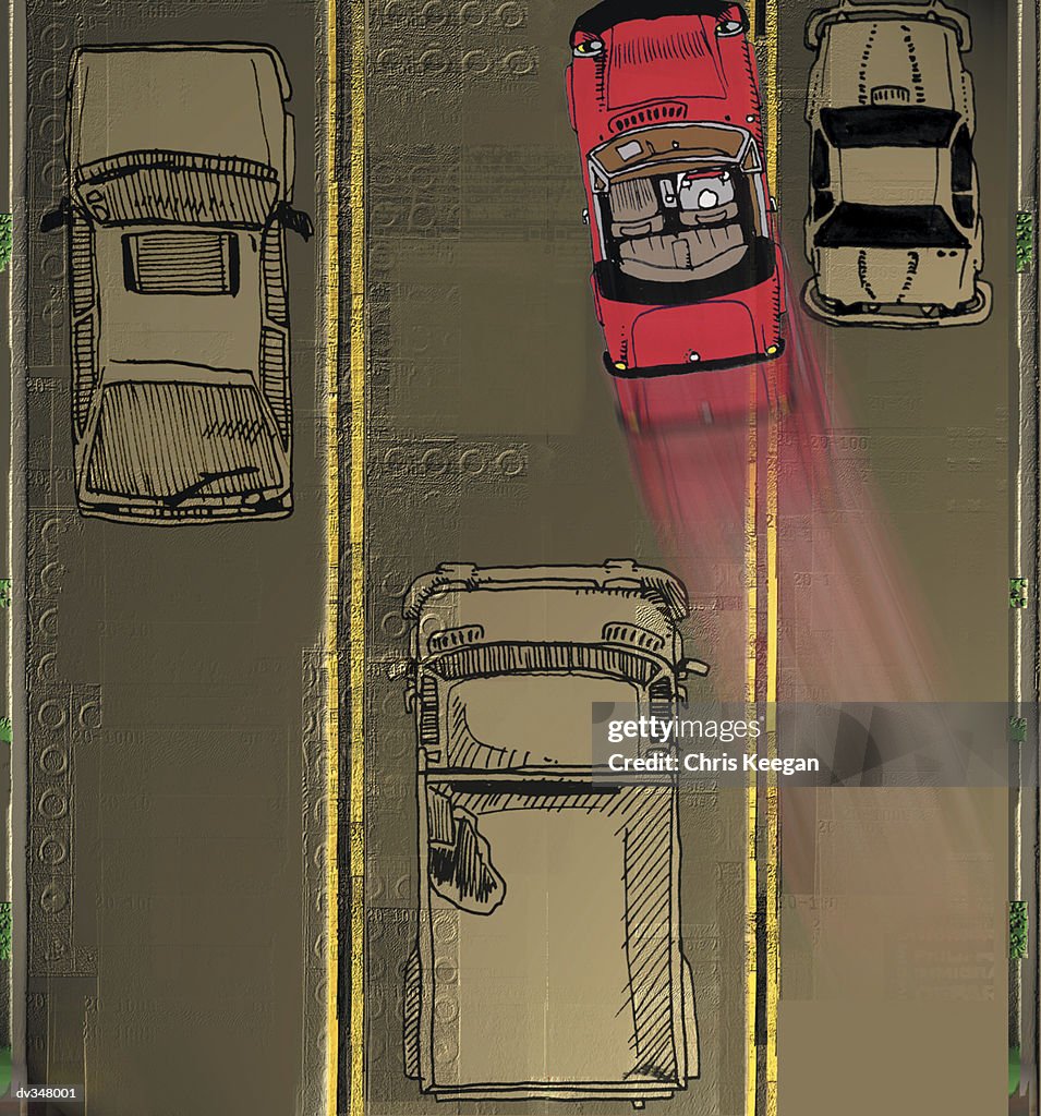 Overhead view of a driver cutting into traffic
