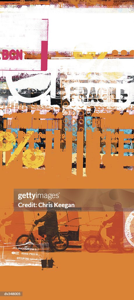 Colorful images of biker on busy background