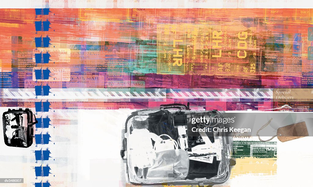 X-rayed luggage and tag on bright background
