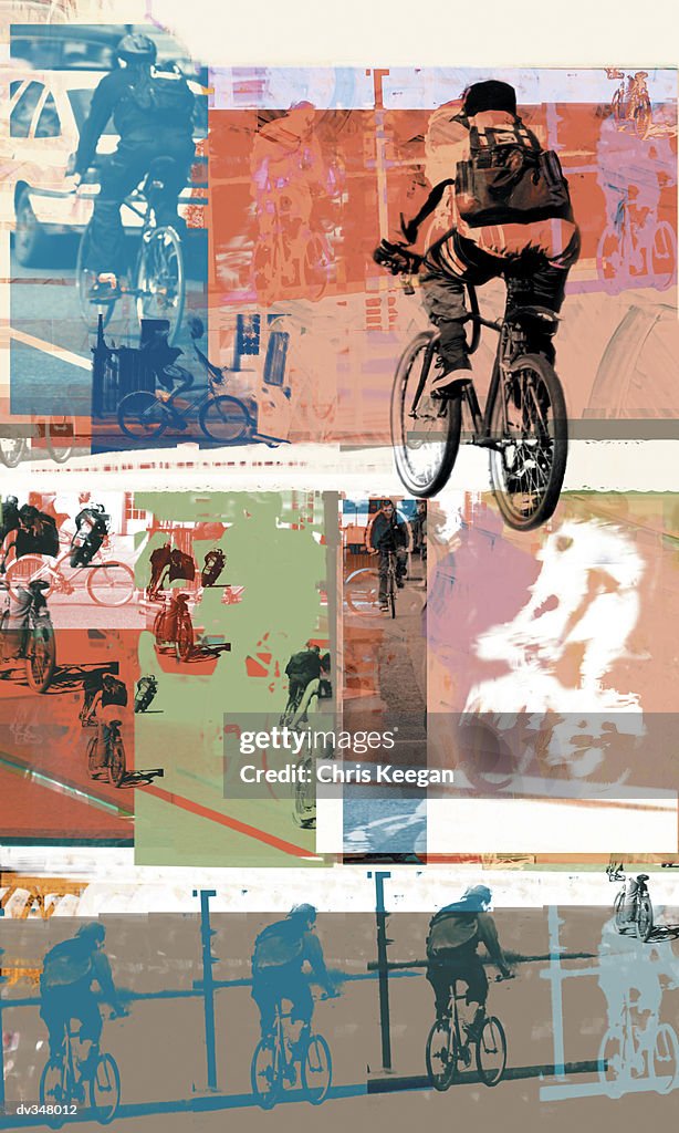 Superimposed images of bike messengers