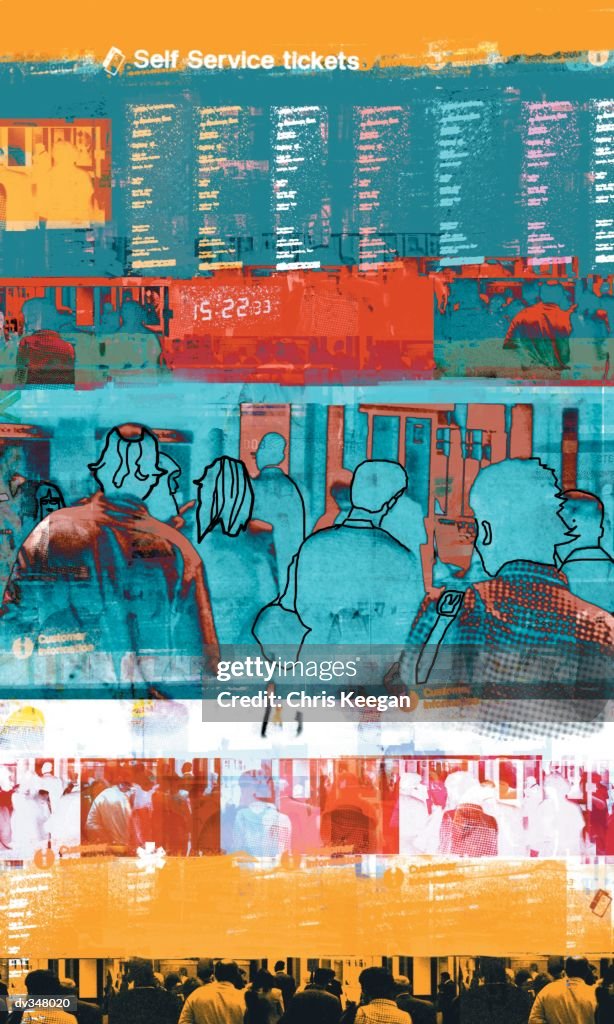 Superimposed crowds of travelers & ticketing sign