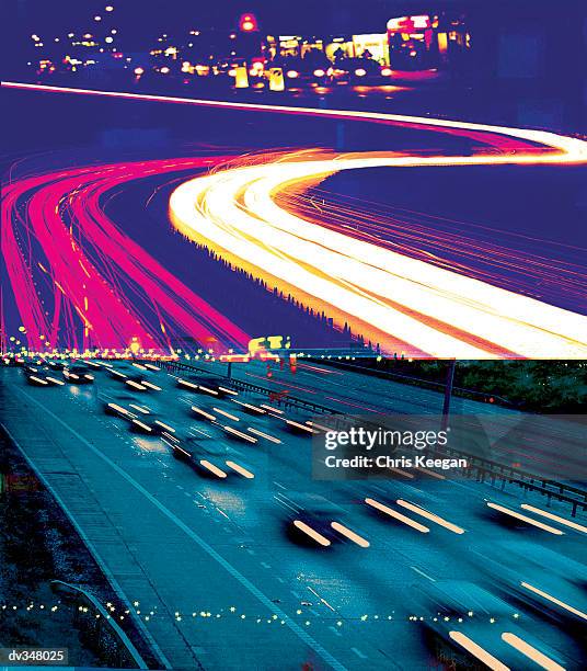 blurred traffic trails - vierbaansweg stockfoto's en -beelden