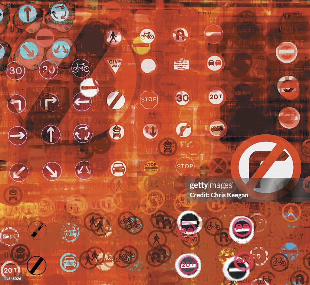 Superimposed signs on red background