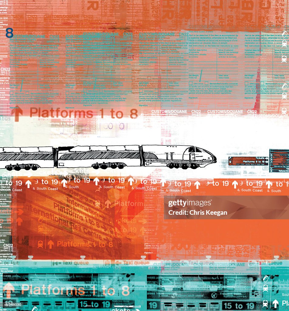 Train on colorful background with signs