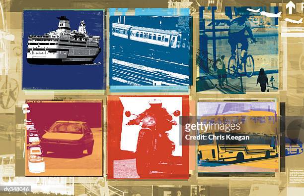 superimposed images of transportation - cruise and motorbike and ship stock-grafiken, -clipart, -cartoons und -symbole