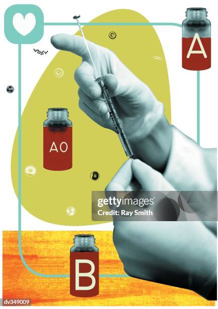hands holding needle surrounded by vials of blood - blood group stock-grafiken, -clipart, -cartoons und -symbole